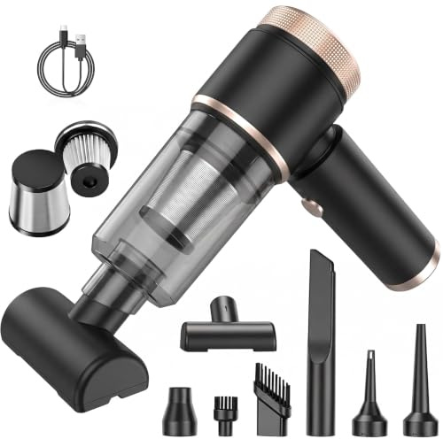 XUANHONG-TECH Aspirateur à main sans fil, 16 kPa, pour voiture, bureau, poils d'animaux | HEPA + filtre métallique lavable, moteur sans balais, 5000 mAh, USB-C, 400 g, 60 dB, 7 embouts pour sièges/claviers