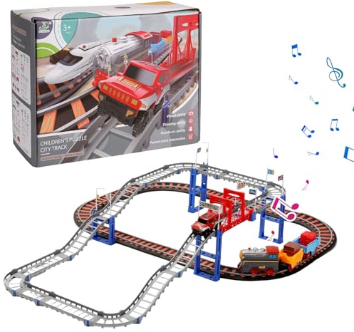 Eisenbahn Kinder Elektrisch Zug, 110 Stück DIY Kinderspielzeug Gleis Zug mit Klang, Elektrische Zu g und Autobahnautos Spielzeug Set, Schienen Train & Auto kinderspielzeug für 3+ Jahren