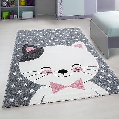 KADIMA DESIGN Spielteppich Süße Katze Pink 120x170 cm Schadstoffgeprüft Pflegeleicht Waschbar Strapazierfähig Langlebig Kinderzimmer Spielzimmer Fußbodenheizung geeignet | LAGO