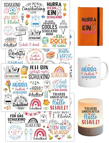 Rub On Sticker Einschulung - Transferfolie für DIY Party Deko & Glas | Perfekte aufkleber einschulung & sticker schulanfang. Nahtlose Optik, 100% wasserfest. Ideal für Gläser und Bastelprojekte.