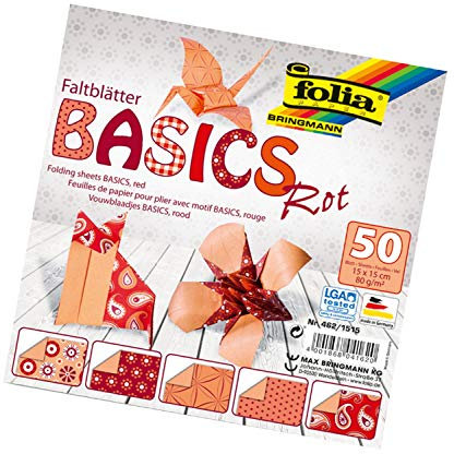 folia 462/1515 - Faltblätter Basics rot 15 x 15 cm, 80 g/qm, 50 Blatt sortiert in 5 Motiven - ideal für wunderschöne Faltfiguren und -formen