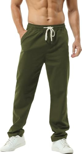 Hoerev Men Casual Beach Trousers Linen Trousers Pants, Green, L