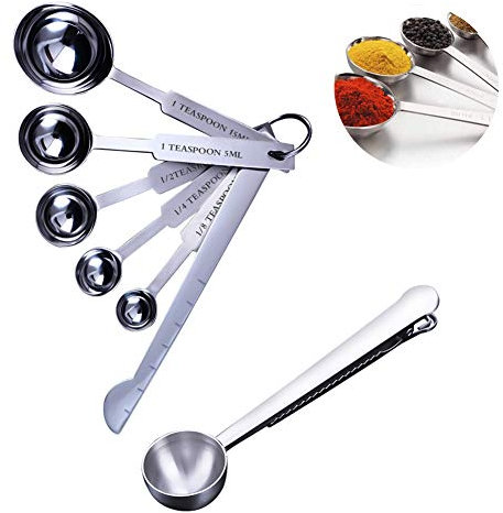 Cucharas de medir cucharas de acero inoxidable cucharaditas de metal cucharas de medir, cucharas de café con cinta métrica y clips, para el secado y los ingredientes líquidos, juego de 7