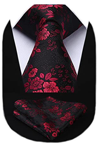 HISDERN Herren Krawatte Blumen Paisley Hochzeit Party Classic Krawatten & Einstecktuch Set Rot/Schwarz