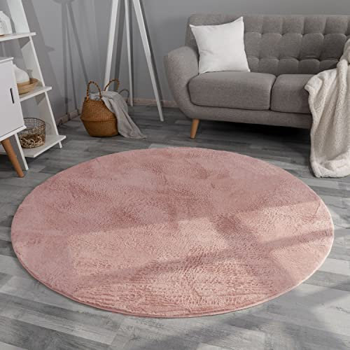 TT Home Wohnzimmer Teppich Hochflor Langflor Kunstfell Weich Modern Unifarben Flauschig, Farbe: Rosa Pink, Größe:120 cm Rund
