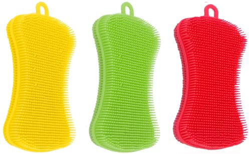 Silicone Scrubbing Sponge 3 Pack Kitchen Silicone Sponge Silicon Non Scratch & Non Smell Kitchen Scrubber Pad Reusable Cleaning for Dishes Fruit Vegetable Multi-Colored Pads Red Orange Green