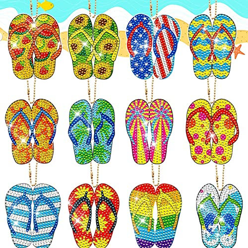 DanLink 12 Stück Flip Flop Diamantmalerei Set DIY Schlüsselanhänger Diamant Malerei Doppelseitige Diamant Kunst Ornamente für Anfänger Flip Flop