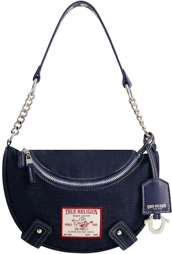 True Religion Damen Women's Shoulder Bag Purse, Small Hobo Handbag with Chain Handle Umhängetasche, Denim