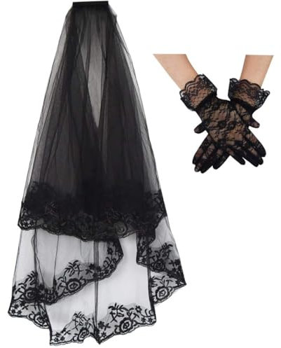 TAXTYHRE Schwarzer Schleier Spitze, Spitzenhandschuhe Schwarz, Schleier Braut Schwarz, Handschuhe Halloween, Halloween Schleier, Kostümzubehör Perfekt für Halloween, Karneval, Cosplay und Ostern