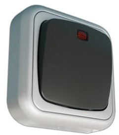 Pulsador luminoso de superficie en plata y gris, ideal para señalización y control de dispositivos eléctricos.