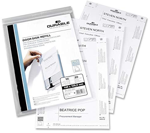 Durable Einsteckschild für Türschilder Info Sign und Click Sign, 149 x 52,5 mm, Beutel à 10 Stück, weiß, 485002 | Passgenaue Ersatzschilder für Türschilder, 149 x 52,5 mm, mikroperforiert, für Laser- & Tintenstrahldrucker