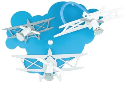 Licht-Erlebnisse Kinderlampe Sperrholz Kunststoff Blau Kinderzimmer H:40 cm GU10 max. 35 Watt 3-flammig Flugzeuge für Kinder Wandleuchte PLANE
