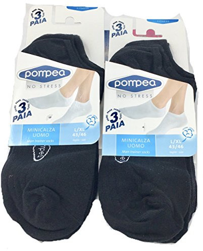 Pack 6 Paia Fantasmini Uomo POMPEA Blu Nero Bianco Cotone (6 Paia Nero - 43 / 46)
