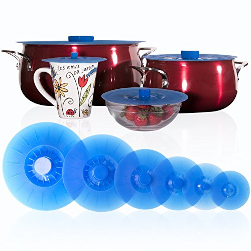 Silicone Lids Extra Large Blue Set of 6 Sturdy Suction Seal Covers. Universal fit for Pots, Fry Pans, Cups and Bowls 5 to 12. Natural grip handles that interlock for easy use and storage. Food Safe.