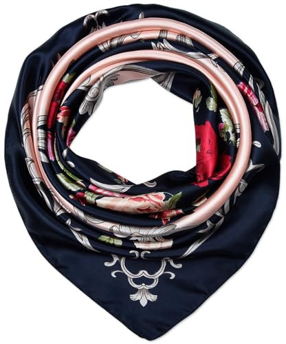 corciova Grand foulard carré pour femme - 89,9 x 89,9 cm - En soie - Cheveux bouclés - Pour dormir la nuit, 350 fleurs roses et bleu Oxford, 1 pièce