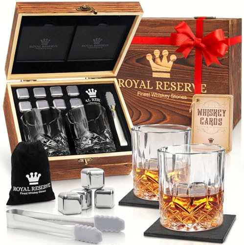 Coffret Whisky Cadeau – Verres, Glacon Pierre Reutilisable, Dessous de Verre, Pinces à Glace, Boîte en Bois, Cartes Recettes, Sac en Velours – Service a Whisky pour Homme de Royal Reserve