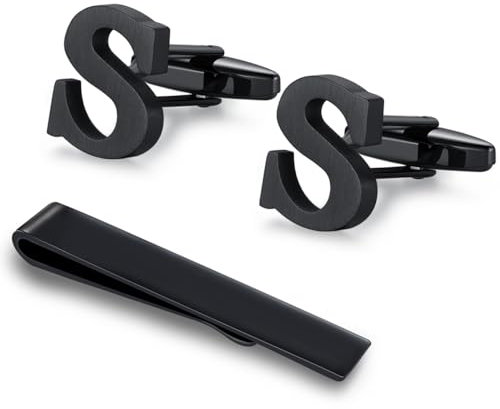 HONEY BEAR Initiale Lettre Alphabet Boutons de Manchette & Pinces à Cravate Set pour Le Cadeau D'affaires de Mariage de Chemise D'hommes (Noir) (S)