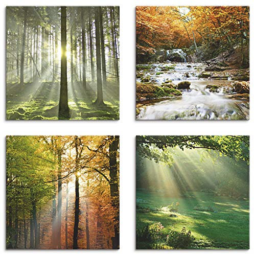 ARTLAND Wanddeko Leinwand Bilder Natur Set 4 tlg. je 40x40 cm Quadratisch Wandbilder Landschaft Herbst Wald Grün Wasserfall Herbsttag S6MK