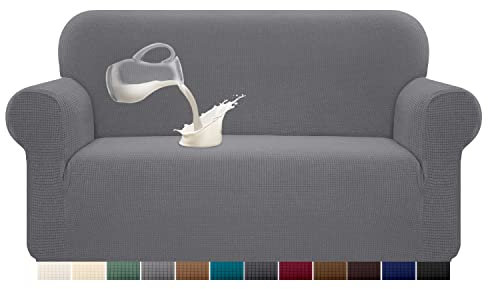 Granbest Stretch Wasserdicht Sofabezug 1 Stück Sofahusse Spandex Jacquard Elastische Couchbezug mit Anti-Rutsch-Schaumstoffe (2 Sitzer, Hellgrau)