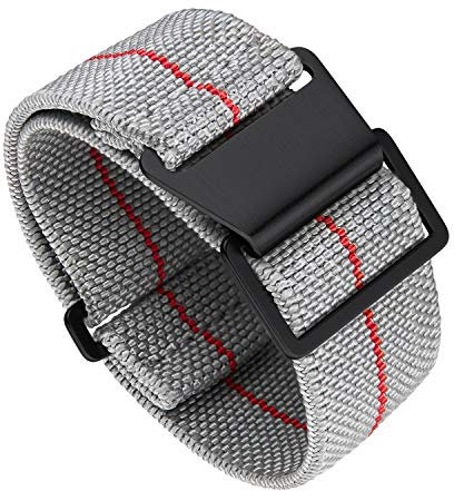 BINLUN Elastic Nylon Watch Straps 18mm/20mm/22mm Marine Nationale Style Parachute Fabric Replacement Watch Band Hook-and-Loop Silver/Black Buckle Men Women(Grey-red,20mm)