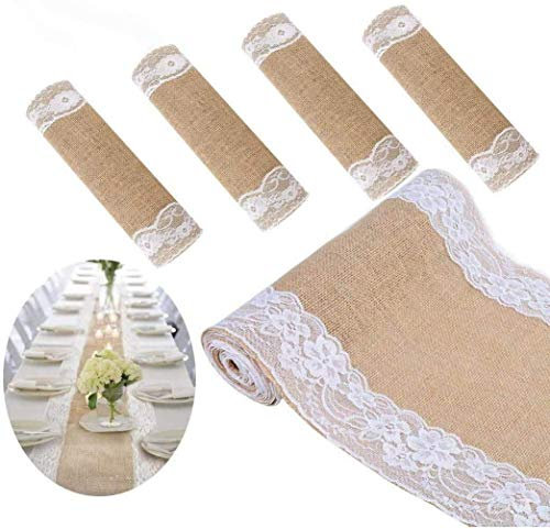 TINWARM 5PCS 30x275CM Jute-Tischläufer im Vintage-Look, Spitze Hessischen Tischband für Hochzeitsgeschenk Festival-Ereignis Tischdekoration Fest Party Feier Bevorzugte