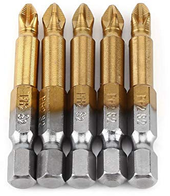 Juego de puntas de destornillador de cruz magnética 5pcs PH2 S2 Puntas de destornillador de titanio de aleación de acero 1/4 pulgadas Vástago hexagonal 50 mm/1.97 Juego de puntas de destornillador