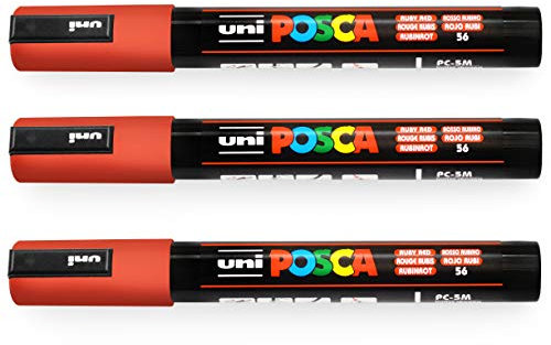 Posca Uni-Ball PC-5M Paint Marker Art Pens - 1.8-2.5mm - Ruby Red - Pack of 3