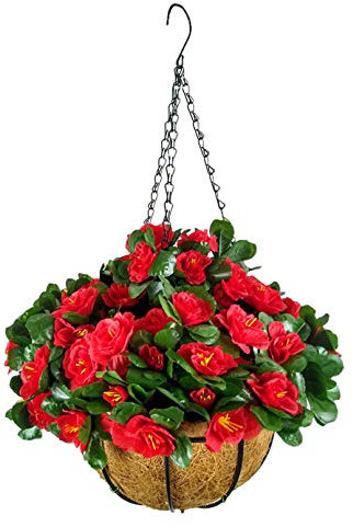 Künstliche Rhododendron-Seide, rote Blumen, Azaleen-Kette, Hängekorb mit Blumentopf für drinnen und draußen, Garten, Balkon (mittelgroßer Korb)