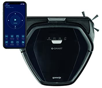 Gorenje RVC 216 BK G∙SMART Staubsauger Roboter mit Wischfunktion – 2 in 1/ Kamera/Karten-Abbildung/LI-ION/Gyroskop/App Steuerung/BLDC Motor/ 90 min./ 0,5 l/ 180 ml/ 60 W/ 72 dB/Schwarz