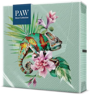 PAW - Servietten 3-lagig (33 x 33 cm) I 20 Stück I Perfekt für Geburtstage, Partys, Hochzeiten, Kommunion und Feiern I Tischdeko Bunte Papierservietten - Exotisches Chamäleon Fauna I Exotic Chameleon