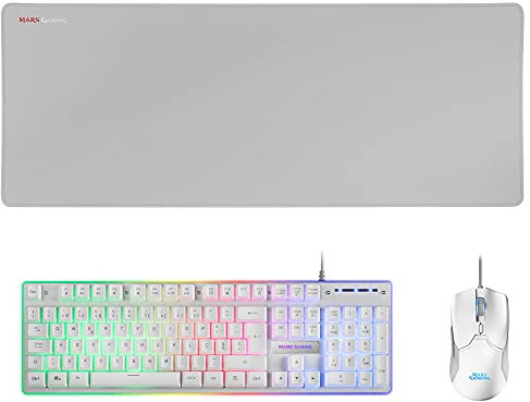 Mars Gaming MCPXWPT, Combo Tastatur H-Mech FRGB, Ultralight Maus 10000DPI & XXL Mousepad, Weiß, Portugiesisch Sprache