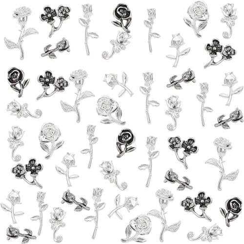 OLYCRAFT 135 Stück 9 Stile Blumen Thema Harzfüller Rose Plum Blossom Legierung Cabochons Legierung Epoxidharz Zubehör Nail Art Dekorationen Für Die Harzschmuckherstellung - Antik Silber&Silber