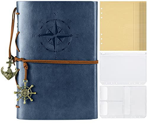 Leder Notizbuch, Vintage-Skizzenbuch, nachfüllbares Tagebuch, Leere Seiten, Ordnertaschen, Reisetagebuch Geschenke für Erwachsene, Mädchen, Jungen, A5, Marine
