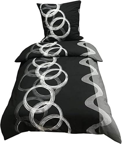Leonado Vicenti Winter Bettwäsche 155x220 Thermo Fleece Flausch Garnitur Warm Deckenbezug Kissenbezug Bezug Schwarz Grau Kreise 2 TLG