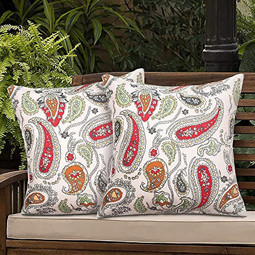 FUNHOOM Set Draußen Kissenbezüge, alle Wetter Dekorative Kissen Etui Kissenbezug Wasserdicht 45 x 45 cm, für Sofa Couch Terrassenmöbel Dekoration - Paisley Rot Beige, Pillowcover PSLRed