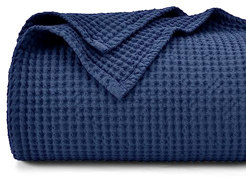 PHF 100% Baumwolle waffledecke Kuschedecke 150x200cm, leicht & atmungsaktiv, perfekt für den Sommer - Oeko-TEX® Zertifiziert - Hotelwäschequalität - Ideal für Sofa Couch Bett, Navy Blau