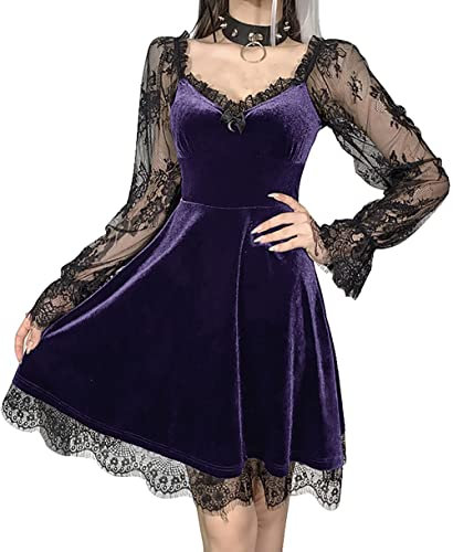 Abito corto gotico in velluto con scollo a V a mezza luna sexy per feste di Halloween e cocktail casual, Abito Autunno Viola, L