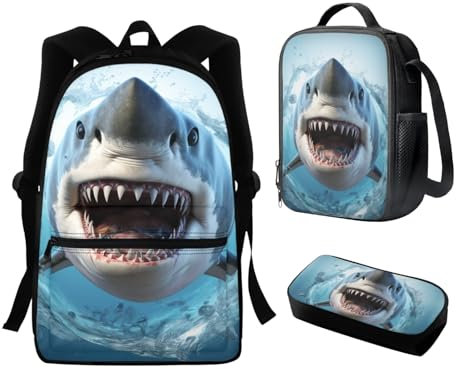 WELLFLYHOM 3er-Pack Schulranzen Rucksack mit Lunchbox für Kinder Federmäppchen, Hai, Einheitsgröße, Rucksack Rucksäcke