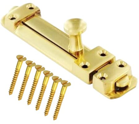 Brass Door Bolts 4 Inch Flat Bolt Surface Door Latches Tower Bolt Sliding Lock Flat Slide Safety Door Barrel Bolt with Screws 1 Pack.