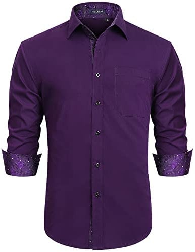 HISDERN Mens Purple Dress Shirt Formal Long Sleeve Button Down Brown Polka dots Work Fashion Smart Floral Collar Regular Fit Dark Violet Shirt S
