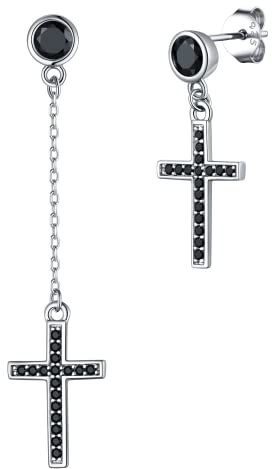 Boucles d'oreilles Zirconium Noir Strass Argent 925 Croix Chretienne Pendentif Oreille Femme Asymétrique Grimpeur Unisexe Clou Punk Oreille Lisse Bijoux Homme Amulette de Protection