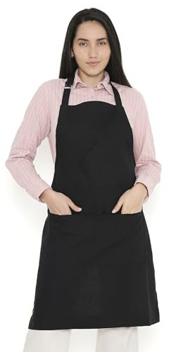 Encasa XO Verstellbare Küchen Schürze mit Taschen und Handtuchhalter, 68x85 cm, recycelte Baumwolle, für Zuhause, Restaurant, Männer & Frauen, Kochen, Backen - Vollschwarz