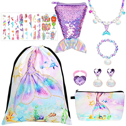 Meerjungfrau Tasche Meerjungfrau Kinder Schmuckset Mädchen Turnbeutel Kinder Handtasche Schmuckset für Mädchen Meerjungfrau Krone Halskette Armband Ring für Geburtstagsgeschenke Meerjungfrau Party