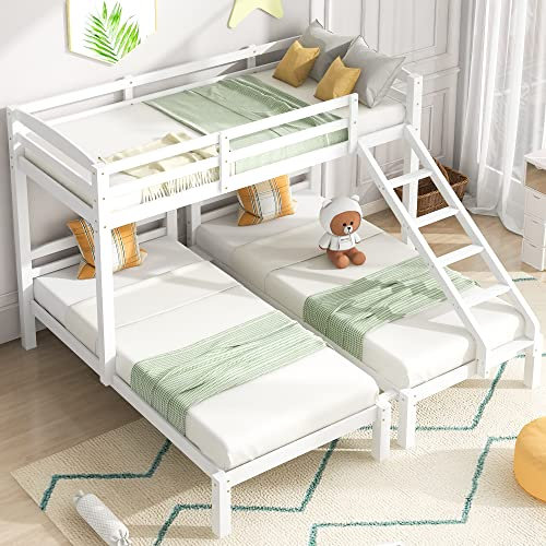 Merax Bunk Bed Triple Sleeper with Side Ladder - Children and Teens 3FT Single Bed Frame - Solid Pine Wood Toddler Bed - White (90x190cm, 90x200cm)