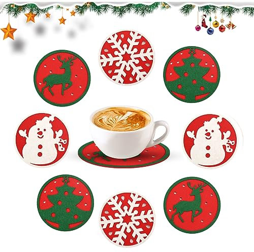 8 Stück Filz Untersetzer Weihnachten Untersetzer Set Filzuntersetzer Rund Glasuntersetzer Filz Rot Weihnachts Tischdeko Bierdeckel Untersetzer Geschenkideen Weihnachten