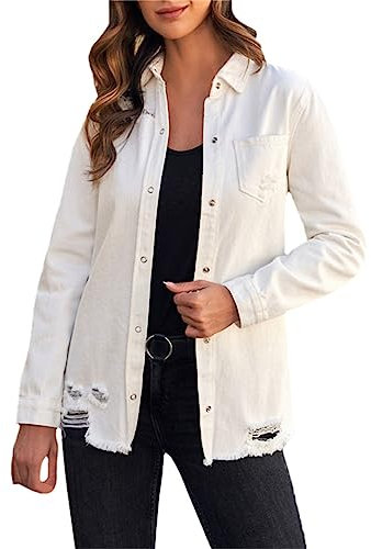 Giacca di jeans oversize da donna casual lunga fidanzato distresse giacca di jeans autunno primavera denim giacca spolverino per le donne, bianco, L