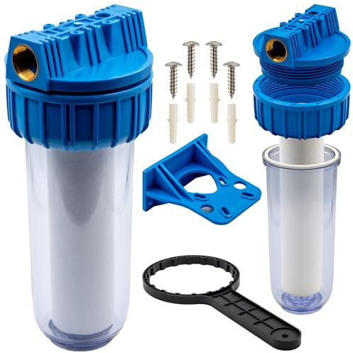 Filtre à eau 1/2 – Cartouche remplaçable – 8 bar – Pour pompe de jardin, maison et industrie – Kit complet avec clé et support – Filtration des sédiments et impuretés