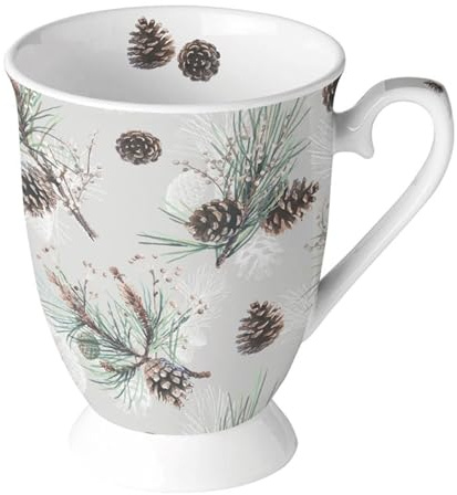 Ambiente Porzellantasse mit Fuß Teetasse Kaffeetasse Becher Mug 0,25l Zapfen und Zweige pine cone all over Fine Bone China Winter Advent Weihnachten