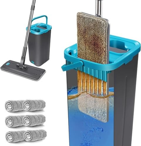 Midyb Wischmopp Set mit Eimer, Flachmopp Set mit Eimer, Wischer mit Auswringfunktion und 144cm Verstellbarer Edelstahl Griff & 6 Mikrofaser Mop Pads für Hartholz, Laminat, Fliesen Reinigung