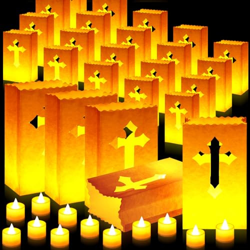 Glooglitter 30 Set White Luminary Bags with Flameless Candles Easter Luminaries for Outdoors Cross Candle Bags Flame Resistant Paper Lanterns for Church Memorial Day Wedding Mother Father Day Birthday